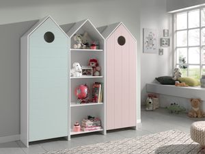 Třídílná sada CASAMI se skládá z: 1-dveřová šatní skříň s čelem v růžové barvě, policová skříň, 1-dveřová šatní skříň s čelem v mátové barvě