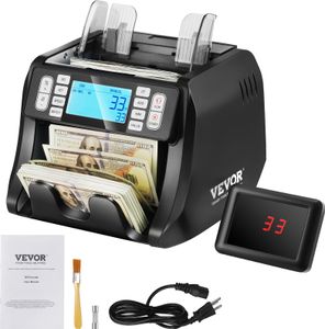 VEVOR Geldzählmaschine, Banknotenzähler mit UV-, MG-, IR- und DD-Falschgelderkennung, USD- und EUR-Geldzählmaschine mit Additions- und Batch-Modus, Großes LCD & Externes Display