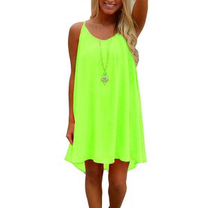 Damen Ärmellose Sommerkleid Kurz Boho Strandkleid Spaghettiträger Kleid Mode Freizeitkleid Fluoreszierendes Gelb,Größe M