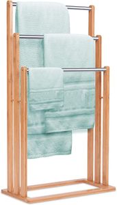 Handtuchstaender freistehend Bambus, Badehandtuchstaender Handtuchhalter Badetuchhalter mit 3 Handtuchstangen aus Edelstahl, Badaccessoire für Handtücher