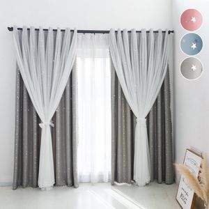 Gardine Aushöhlen Stern Vorhang Doppellagiger Voile Ösenschal für Schlafzimmer Kinderzimmer Wohnzimmer, Grau, 132x243cm