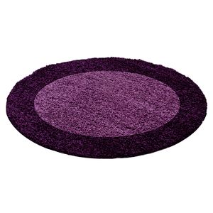 Runder Hochflor Teppich Wohnzimmer Langflor Shaggy Gemustert in Bordüre Design, Farbe:Lila-Violett, Grösse:160 cm Rund