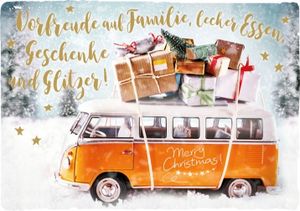 DeCoArt... 3 Weihnachtspostkarten VW Bus Geschenke Vorfreude auf Familie, leckeres Essen...