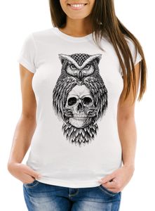 Damen T-Shirt Eule Totenkopf Owl Skull Schädel Slim Fit Neverless® weiß M