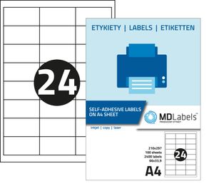 MDlabels Universal Etiketten 66x33,9 mm 24 Etiketten din A4, 100 Blatt, 2400 Etiketten- bedruckbare - Weiß - selbstklebend - für barcode