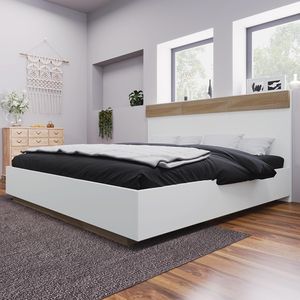 Fortuna-Lai Drevená manželská posteľ, drevený rám postele s čelom a lamelovým roštom, 140 x 200 cm, moderná závesná posteľ, futonová posteľ, posteľ pre dospelých a mládež, nábytok do spálne, biela a dub Sonoma