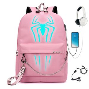 Persönlichkeit Spider Man USB Rucksack Herren Damen Leuchtend Schule Tasche Reise Backpack 32*15*45cm Rosa