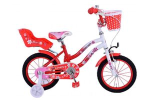 Volare Lovely 14 Zoll Kinderfahrrad rot/weiß mit Hand- und Rücktrittbremse, Stützrädern und Korb