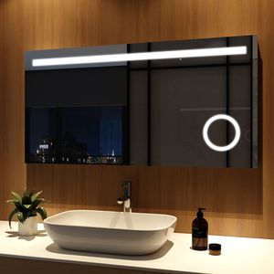 Meykoers LED Badspiegel 120x60cm Beleuchtung Badezimmerspiegel Wandspiegel mit Sensor-Schalter, Uhr 3-Fach Vergrößerung
