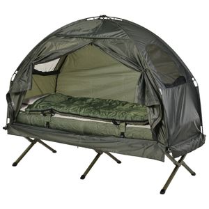 Outsunny Feldbett 4 in 1 Camping Set mit Zelt Schlafsack Matratze faltbar, Dunkelgrün