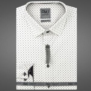 Pánská košile AMJ bavlněná, bílá s černými vlnkami a puntíky VDSBR1236, dlouhý rukáv, slim fit, vel. 44
