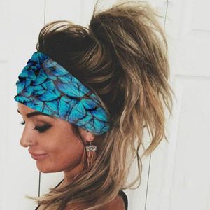 Damen Stirnband Haarband elastisch breit Stretch Sport Yoga Festival Sommer - Design: Schmetterling u. Blau Schwarz