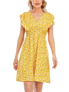 Damen Sommerkleider Boho Kleid V-Ausschnitt Kleider Strandkleid Rüschen Blumenkleid Gelbe Blume,Größe S