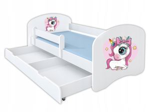 Kinderbett HAPPY 160x80 mit Matratze, Schublade, Rausfallschutz & Lattenrost in weiß - Einhorn - Jungen Mädchen Bett