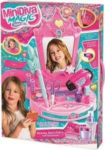 Beauty-Set für Mädchen, Tisch mit Spiegel und Haar- und Make-up-Accessoires, batteriebetriebener Haartrockner, Spiegel mit Beleuchtung, Mini-Make-up-Set, Haarglätter