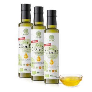 NurBio® Bio Chia Öl 3 x 250 ml - nativ kaltgepresstes Chiaöl, nussig mildes Pflanzenöl, Omega-3-Fettsäuren 63%, Sparpack