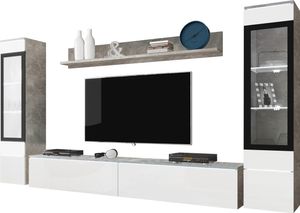 MIRJAN24 Wohnwand Vera II, Stilvoll Wohnzimmer-Set, TV-Schrank, Modern Mediawand (Beton / Weiß Hochglanz, mit Beleuchtung)