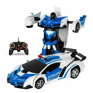 Spielzeugauto Deformation ferngesteuertes Auto Kinderspielzeug RC Fernbedienung Auto Transformers 2 IN1 Fernbedienung Elektrisches King Kong Deformationsroboter-Spielzeugauto（Polizeiauto）