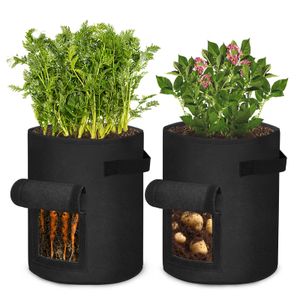 TRMLBE 2 Stück Kartoffelsack, 10 Gallonen Pflanzsack Pflanzbeutel Pflanztopf mit Sichtfenster und Griffen für Kartoffeln, Blumen, Pflanzen, Gemüse (10 Gallonen, Schwarz)
