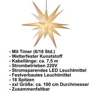 XXL Ø 100 cm 3D Leuchtstern / Weihnachtsstern mit warm-weißer LED Beleuchtung und Timer / für Innen und Außen geeignet (IP44) / hängend / 7,5 m Zuleitung (weiß)
