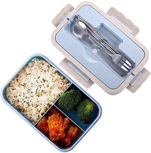 1000 ML Natürliche Weizen Sicherheit Bento Box mit Essstäbchen, Löffel für Kinder und Erwachsene Blau