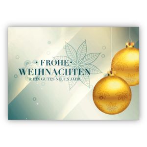 4x Klassische edle Weihnachtskarte mit Weihnachtskugeln in blau grün: Frohe Weihnachten und ein gutes neues Jahr