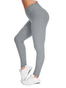Damen Sport Leggings Butt Push Up Booty High Waist Blickdicht Honeycomb Lang Yogahose Grau,Größe L