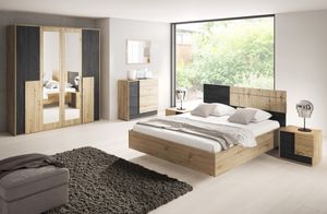 Schlafzimmer-Set Bettgestell Kleiderschrank Nachttisch Kommode Bafra mit Superb-Matratze (Artisan Eiche/Schwarze Norwegische Kiefer)