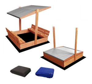 Sandkasten Holz 120cm mit faltbaren Bänken & verstellbarem Dach- Sandkiste poliert &  impregniert & Sonnendach 5 Farben