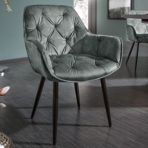 riess-ambiente Design Stuhl MILANO grün Samt mit Armlehne Ziersteppung gepolstert schwarze Metallbeine Esszimmerstuhl Konferenzstuhl