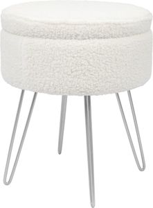 Weicher runder Bouclé-Fußhocker mit silbernen Haarnadelbeinen – Beige Weicher runder Bouclé-Fußhocker mit silbernen Haarnadelbeinen – Beige