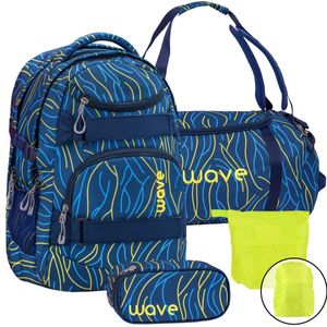 Wave Schulrucksack Set Mädchen Jungen 4tlg YELLOW LINES mit Sporttasche Schlamper Regenschutz ab 5. Klasse