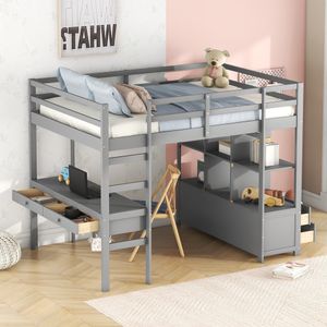 Flieks Patrová postel 140x200 cm, podkrovní postel s psacím stolem a policemi, dětská postýlka s lamelovým rámem a 6 zásuvkami, patrová postel z masivu, šedá barva