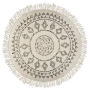 Teppich, rund, ethnische Muster mit Fransen, Baumwolle, Ø 120 cm, beige