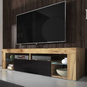 Selsey TV-Schrank BIANKO TV-Lowboard in Holz-Optik Lancaster Eiche mit Klappe in Schwarz Hochglanz mit LED-Beleuchtung Stehend 140cm