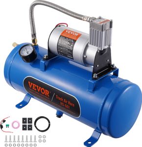 Vzduchový kompresor VEVOR 12 V s nádrží 6 l, sada vzduchového kompresoru pro tažné houkačky, pracovní tlak 90-120 psi, integrovaný systém vzduchového kompresoru pro tažné houkačky, huštění pneumatik, nákladních vozidel, SUV atd. Modrá