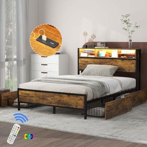 Flieks manželská postel pro mládež 140x200cm s USB a LED, kovová postel se 4 zásuvkami, úložná postel s lamelovým roštem, klasická postel, hnědá