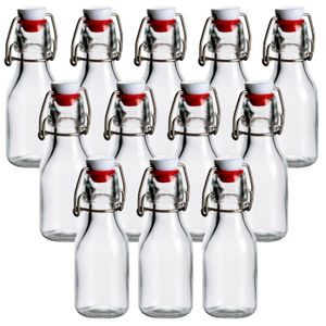 gouveo 12er Set Glasflaschen 100 ml rund mit Bügelverschluss rot - Kleine Bügelflasche 0,1 l zum Befüllen - Bügelverschlussflasche, Likörflasche, Schnapsflasche, Deko-Flasche