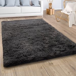 Hochflor Teppich Wohnzimmer Fellteppich Kunstfell Flauschig Rutschfest Anthrazit Grösse 200x290 cm