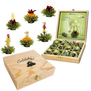 Creano Teeblumen Geschenkset in Holz Teekiste 12 Erblühtee in 6 Sorten grüner Tee fruchtig aromatisiert, Fruity Flavor