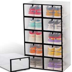 10er Transparent Schuhboxen Set Schuhkarton Faltbare Schuhbox Stapelbare Schuh-Organizer mit Deckel Aufbewahrungsbox Schuhkästen Retoo