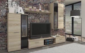 FURNIX Mediawand SARA Wohnwand Wohnzimmerschrank mit TV Board, Vitrine und LED 4-teilig Maße B240 x H180 x T40,2 cm modern Eiche Sonoma