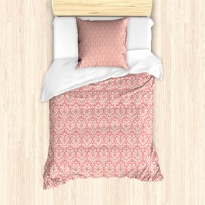 ABAKUHAUS Damast Bettbezug Set für Einzelbetten, Monochrome Blume Blätter, Milbensicher Allergiker geeignet mit Kissenbezug, 135 cm x 200 cm - 80 x 80 cm, Grau, Gelb, Pastellrosa