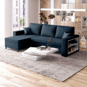 Selsey Ecksofa MERIEN - Schlafcouch mit wasserabweisendem  Veloursbezug in Dunkelblau, Bettkasten und integriertem Regal, 230 cm breit