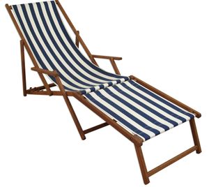 Liegestuhl blau-weiß Sonnenliege Gartenliege Deckchair Buche dunkel Fußablage klappbar 10-317F