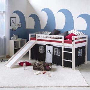 Homestyle4u 1542, Detská podkrovná posteľ so šmykľavkou, rebrík, záclona Pirát čierna biela, masívne drevo borovica biela, 90x200 cm