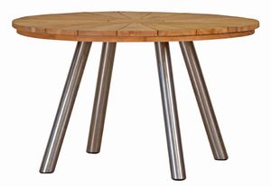 Premium Edelstahl Teakholztisch Hamilton rund 130 cm als moderner Tisch mit Massivholzplatte aus naturbelassenem Teak