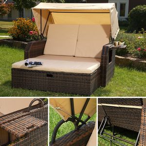 Strandkorb Braun Sonnendach Sonnenliege Sonnenbett Polyrattan Lounge Gartenmöbel