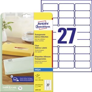 Avery Zweckform J4721-25 Adress-Etiketten, A4, 63,5 x 29,6 mm, 25 Bogen/675 Etiketten, transparent