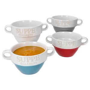 4er Set Suppe des Tages Suppentasse 450ml bunt Steingut Suppenterrine stapelbar